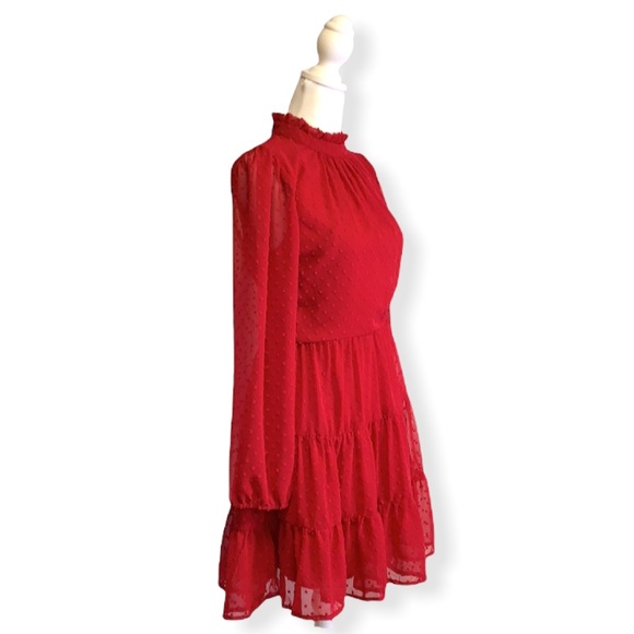 Altar’d State Rich Ruby Red Long Sleeve Tiered High Neck Swiss Dot Holiday Dress - Picture 5 of 11